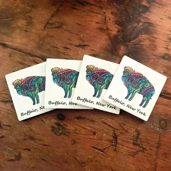 Ceramic Set of 4 Coasters Buffalo, NY with Artist-Drawn Buffalos NEW - Picture 3 of 4